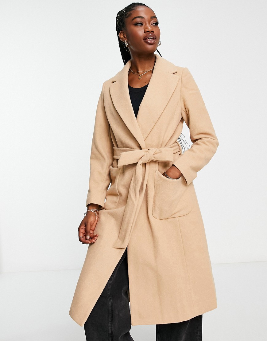 New Look belted tailored coat in dark camel-Brown