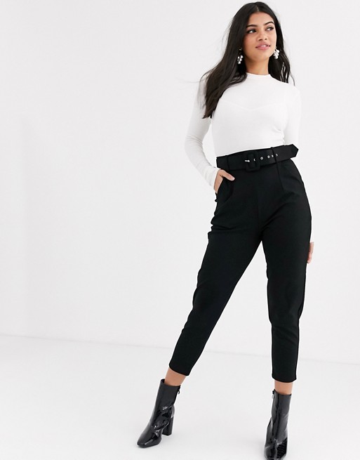 New Look belted tapered leg formal trousers in black