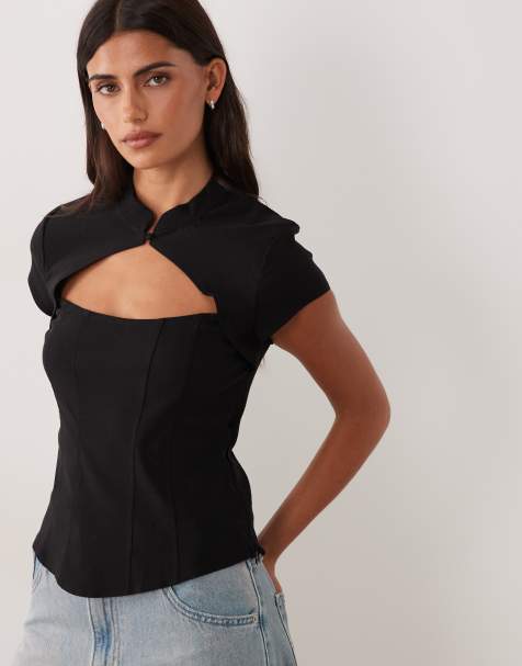 New Look bengaline corset detail mandarin collar top in black - view 1