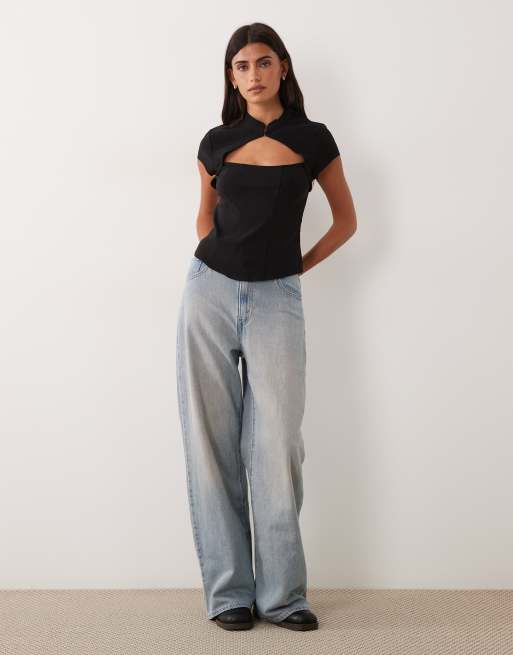 New Look bengaline corset detail mandarin collar top in black, 2 of 4