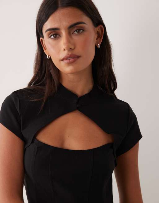 New Look bengaline corset detail mandarin collar top in black, 3 of 4