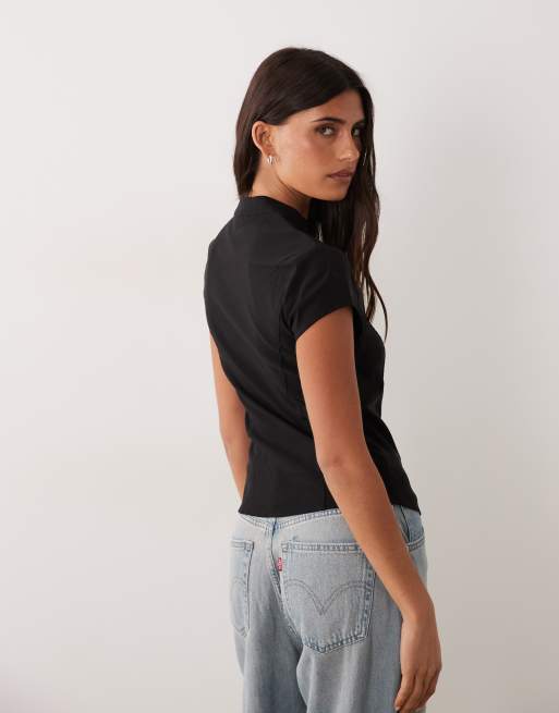 New Look bengaline corset detail mandarin collar top in black, 4 of 4