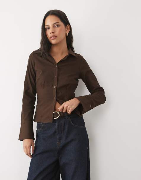 New Look bengaline fitted shirt in dark brown - view 1
