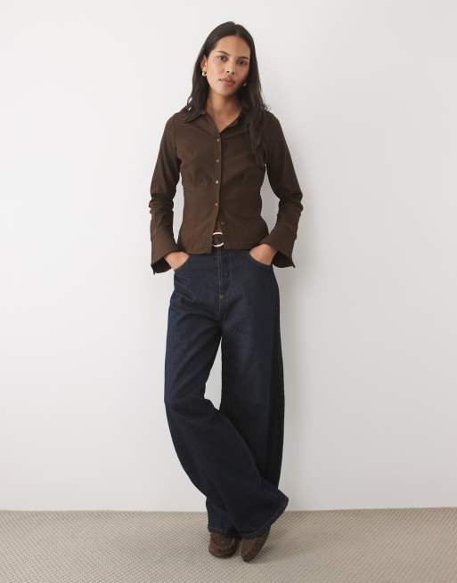 New Look bengaline fitted shirt in dark brown, 2 of 4