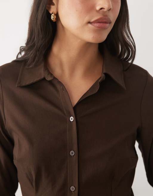 New Look bengaline fitted shirt in dark brown, 3 of 4