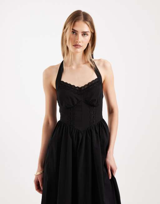 New Look bengaline halter midi dress with lace trim in black, 4 of 4