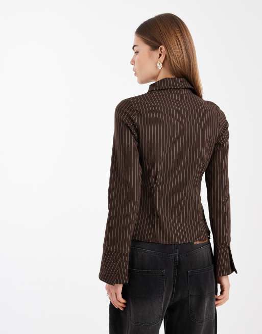 New Look bengaline stripe fitted shirt in brown, 3 of 4