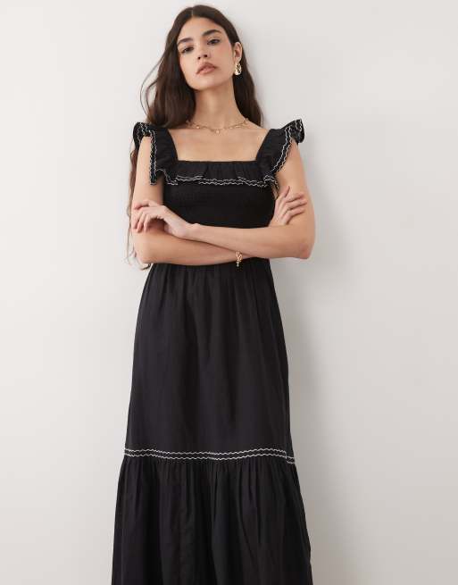 New Look – Besticktes Midikleid in Schwarz mit Rüschenärmeln, 2 von 4