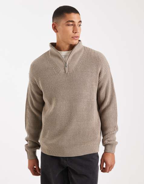 New Look – Beżowy sweter z dzianiny o splocie angielskim z suwakiem pod szyją - view 1