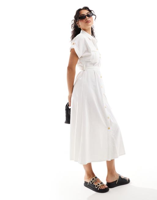 New Look – Biała koszulowa sukienka midi w stylu utility z paskiem