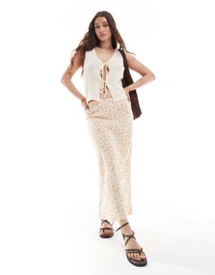 New Look bias midi skirt in yellow floral-White