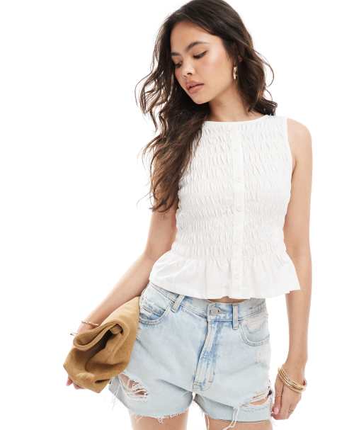 New look shirred button through vest in white