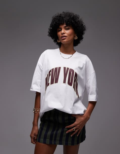 Topshop graphic New York oversized t shirt with puff print in white