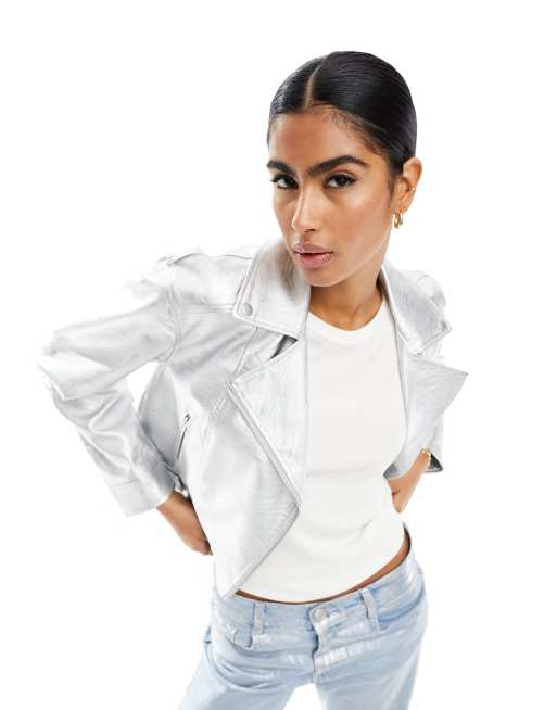 New Look – Bikerjacke in Silber-Optik aus Metallic-Kunstleder