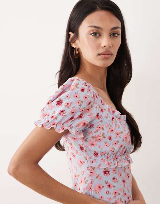 New Look – Blå, blommig miniklänning i milkmaid-stil, 4 av 4