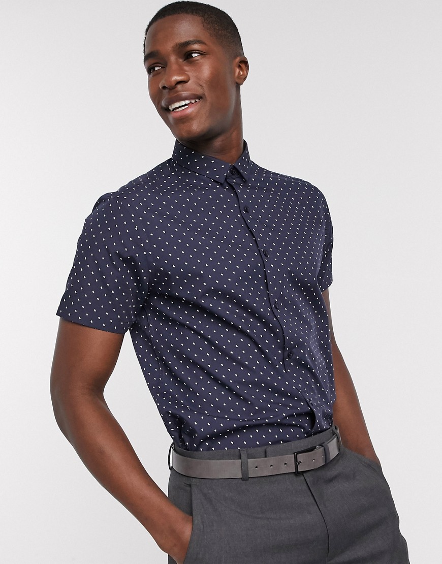 New Look – Blå, geometriskt mönstrad poplinskjorta med korta ärmar