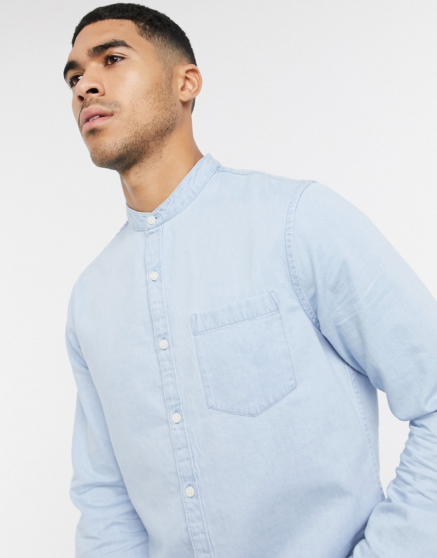 New Look – Blå långärmad jeansskjorta med murarkrage
