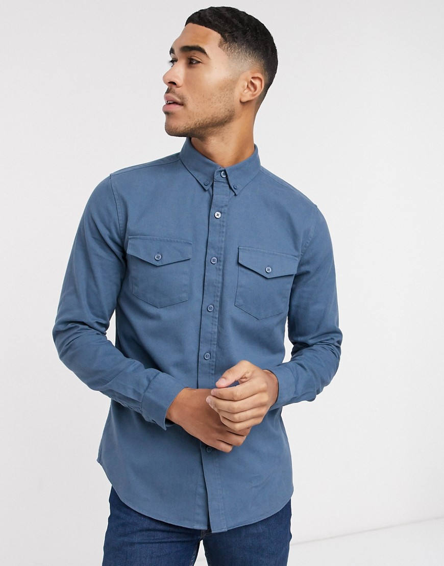 New Look – Blå långärmad skjorta i twill med två fickor