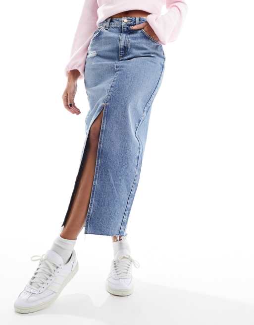 New Look - Blå midaxinederdel i denim med slitage