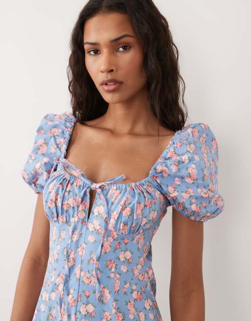 New Look - Blå milkmaid-kjole i minilængde med blomstermønster, 4 af 4