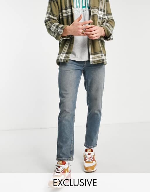 New Look – Blå styva jeans med smal passform och mellanljus vintagetvätt