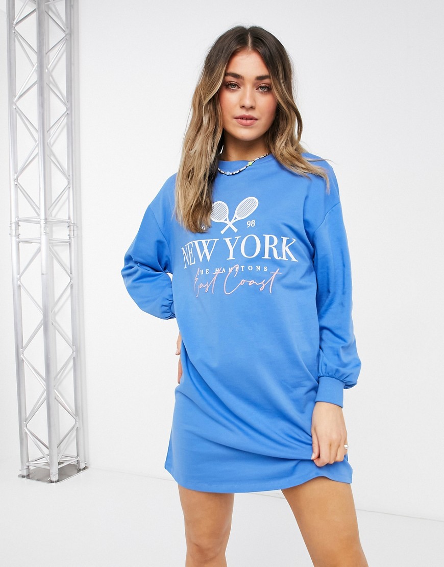 New Look - Blå sweatshirtkjole med NY-slogan