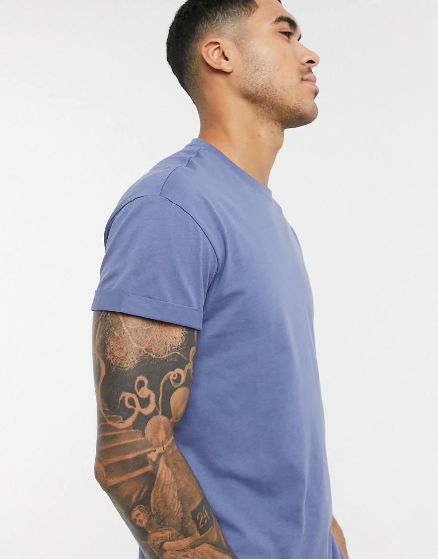 New Look – Blå t-shirt med uppvikt ärm