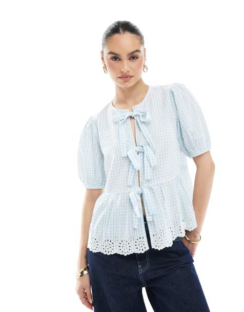 New Look - Blå top med gingham-tern og bindebånd foran - view 1