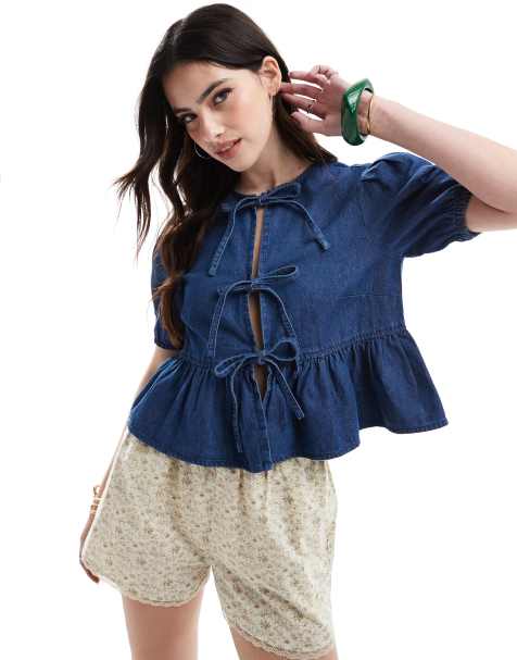 New Look – Blå topp i denim med knytning framtill - view 1