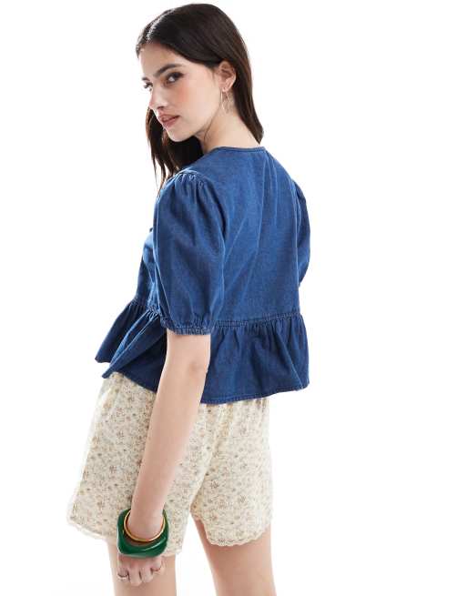 New Look – Blå topp i denim med knytning framtill, 3 av 4