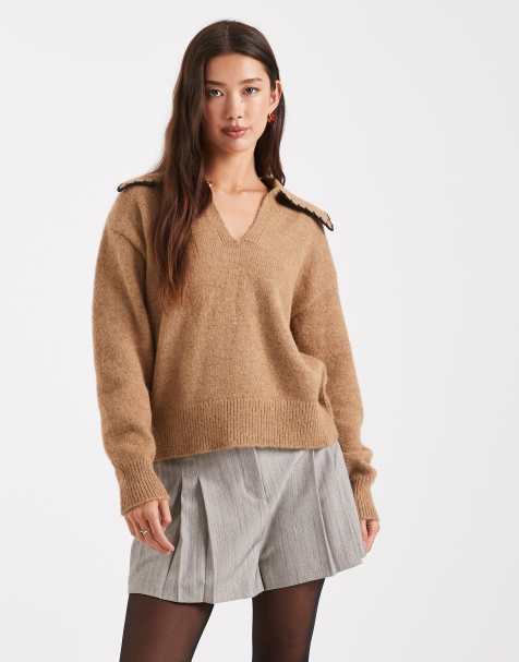 New Look blanket stitch collar polo jumper in tan - view 1