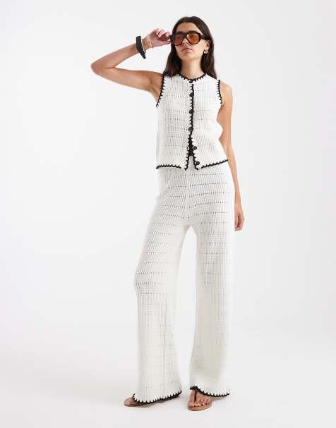 New Look blanket stitch waistcoat & trousers co-ord in cream - view 1