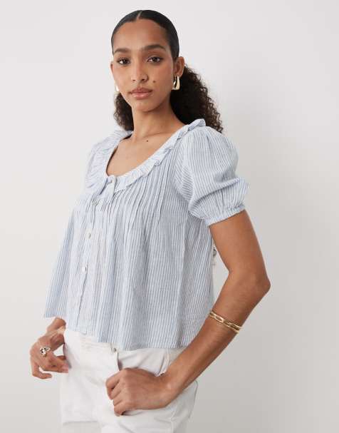 New Look – Blårandig blus i linnemix med volang - view 1