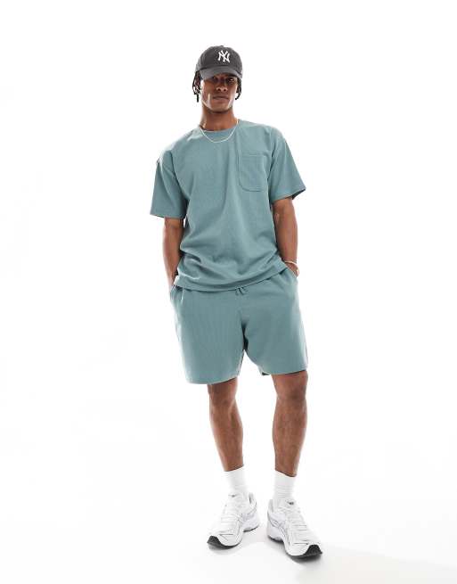 New Look - Blåt sæt med T-shirt med vaffeltekstur og shorts