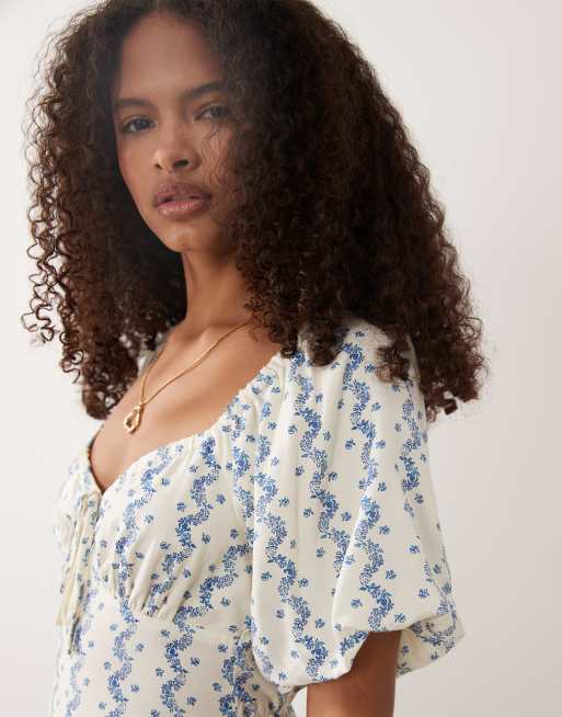 New Look blommig milkmaid-miniklänning i blått, 4 av 4