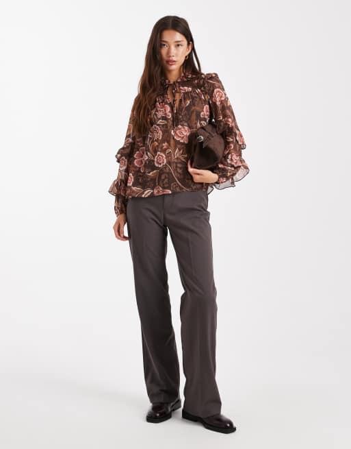 New Look - Blouse à fleurs avec manches volantées - Marron, 3 de 4