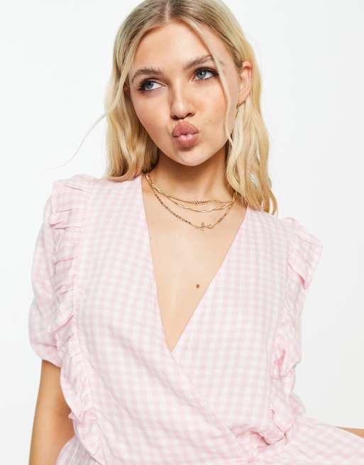 New Look - Blouse cache-cœur à volants et carreaux vichy - Rose, 3 de 4