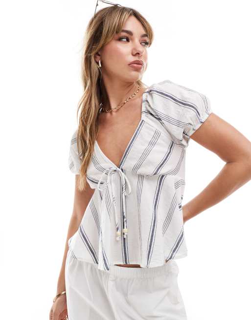New Look - Blouse rayée à col V - Bleu