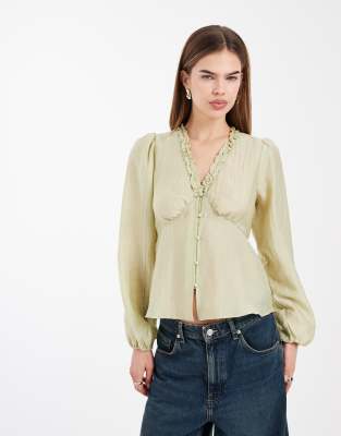 Blouse rétro texturée à col V - Vert 34