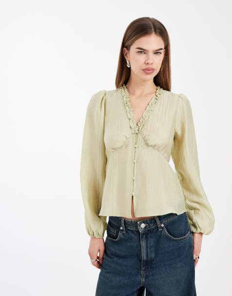 New Look - Blouse rétro texturée à col V - Vert - view 1