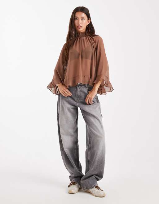 New Look - Blouse van chiffon met ruches in bruin, 3 van 4
