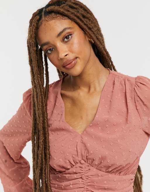 New Look - Blouse van dobby met rimpeleffect aan de voorkant in middenroze, 3 van 4