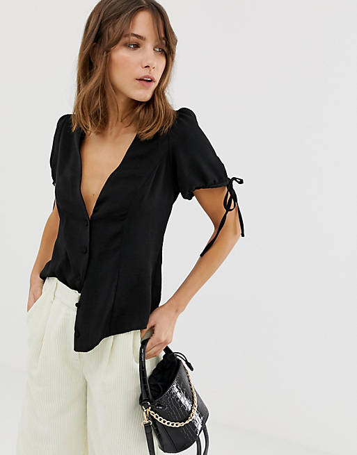 New Look blouse with tie sleeves in black | ASOS