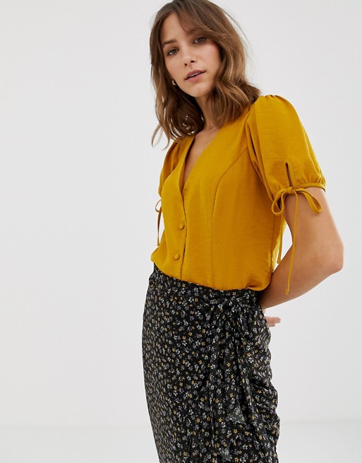 New Look blouse with tie sleeves in mustard