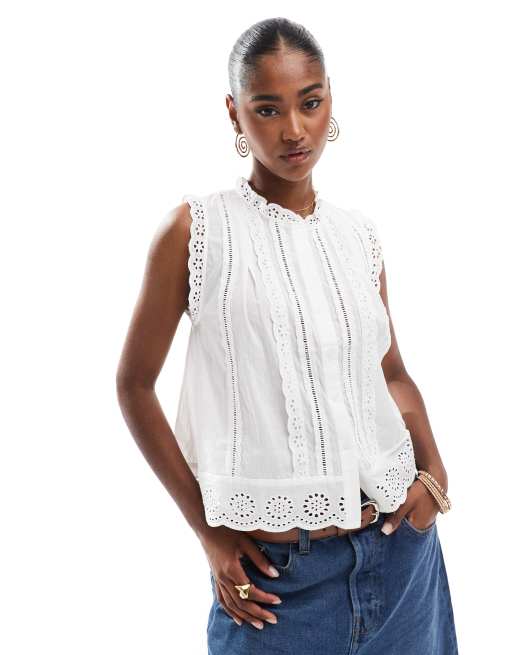 New Look - Blusa bianca senza maniche in pizzo sangallo