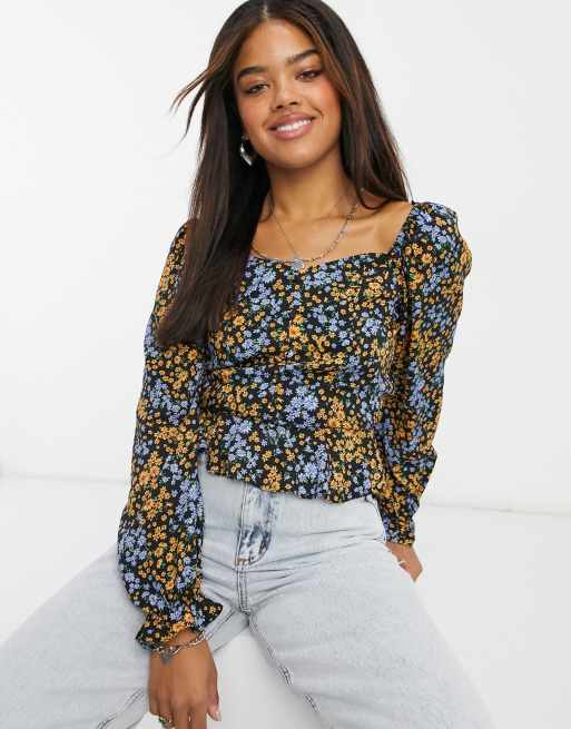 New Look - Blusa con scollo squadrato e bottoni sul davanti nera a fiori