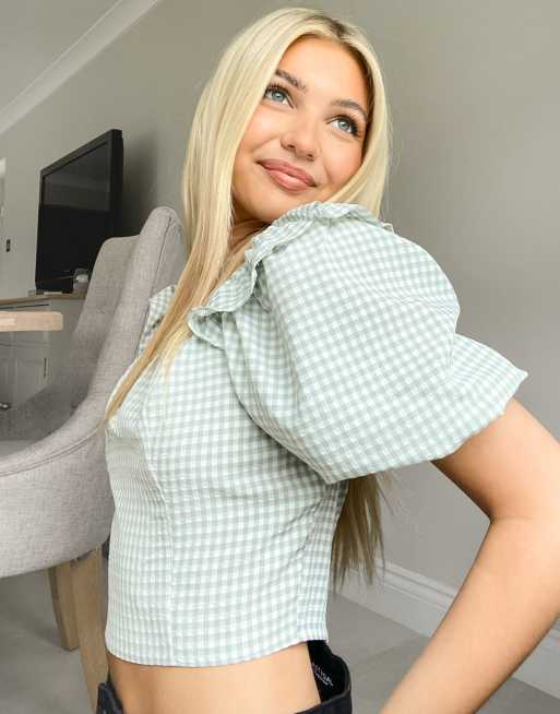 New Look - Blusa corta a quadretti con scollo squadrato, colore verde in coordinato
