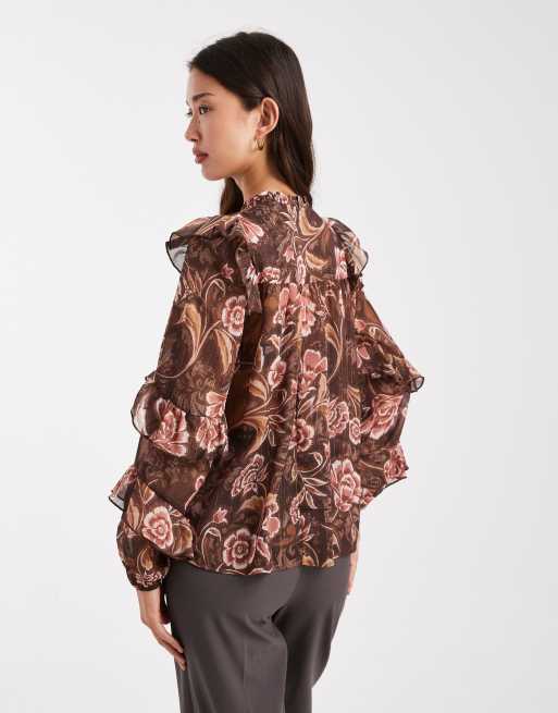 New Look - Blusa marrone a fiori con maniche con volant, 2 di 4