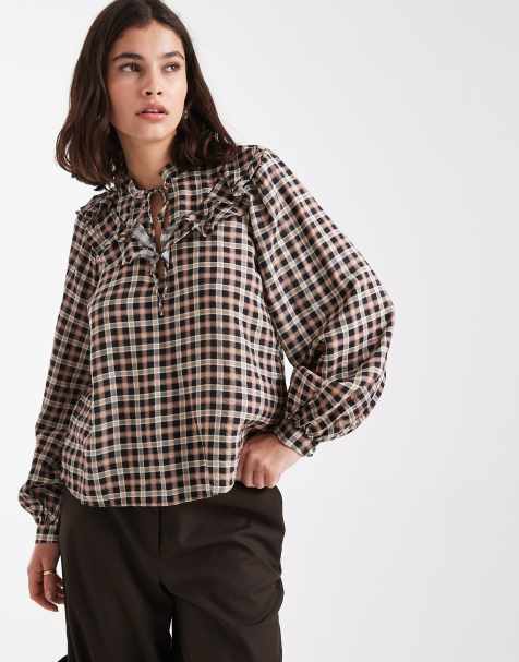 New Look - Blusa marrone a quadri con volant - view 1