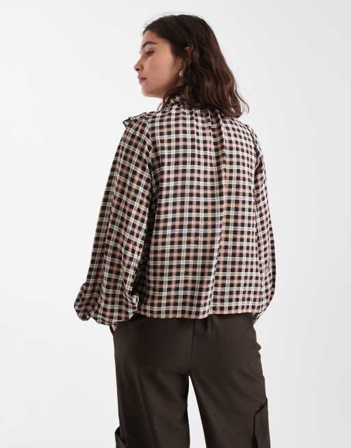 New Look – Bluse in Braun kariert mit Rüschen, 4 von 4